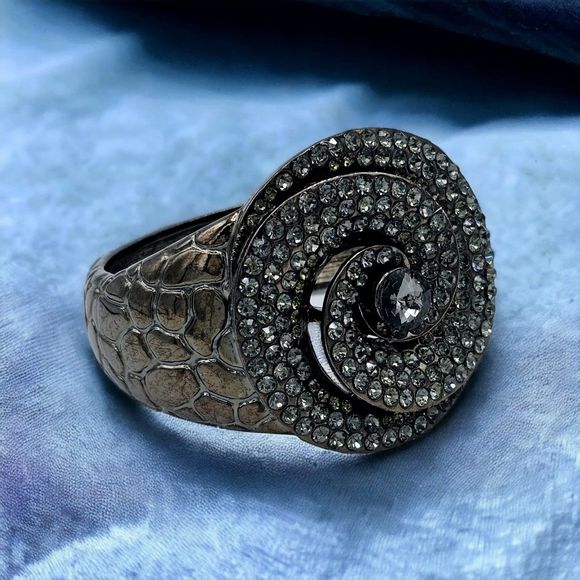 Statement Bracelet Pave Rhinestone Floral Swirl Gem Gun Metal Reptile Print Cuff - Picture 6 of 11